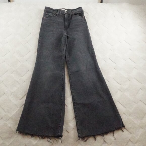Levi's Ribcage Bell Bottom Jeans Womens 25 Black Denim Fray Hem High Rise - Picture 1 of 11